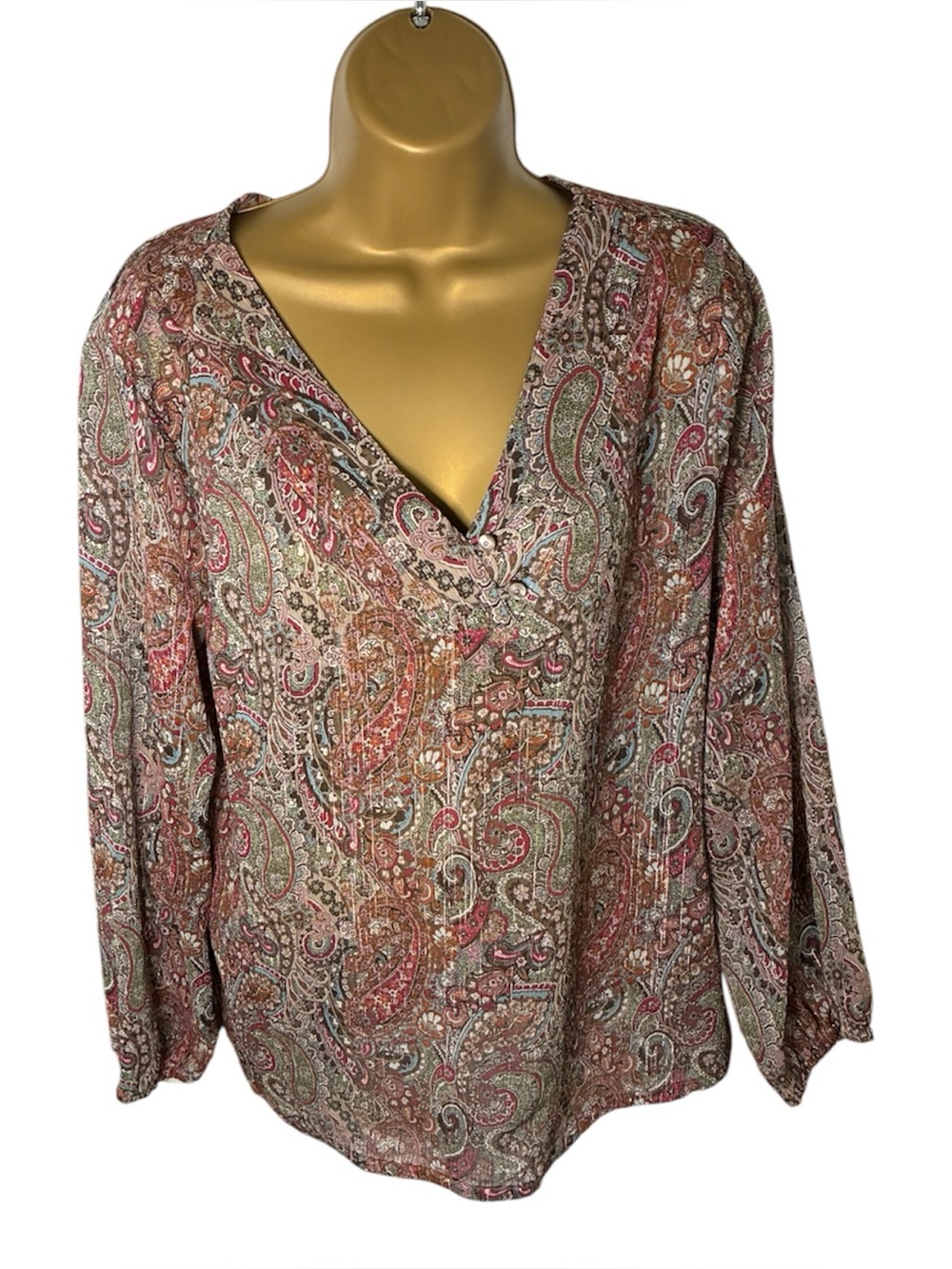 Liz Claiborne Petite Paisley Button Front Blouse V Neck Long Sleeve PXL